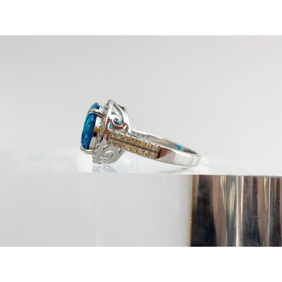 Blue Topaz Semi-Precious Round Cut Halo 925 Sterling Silver Vintage Ring - sz 8 - Picture 5 of 10